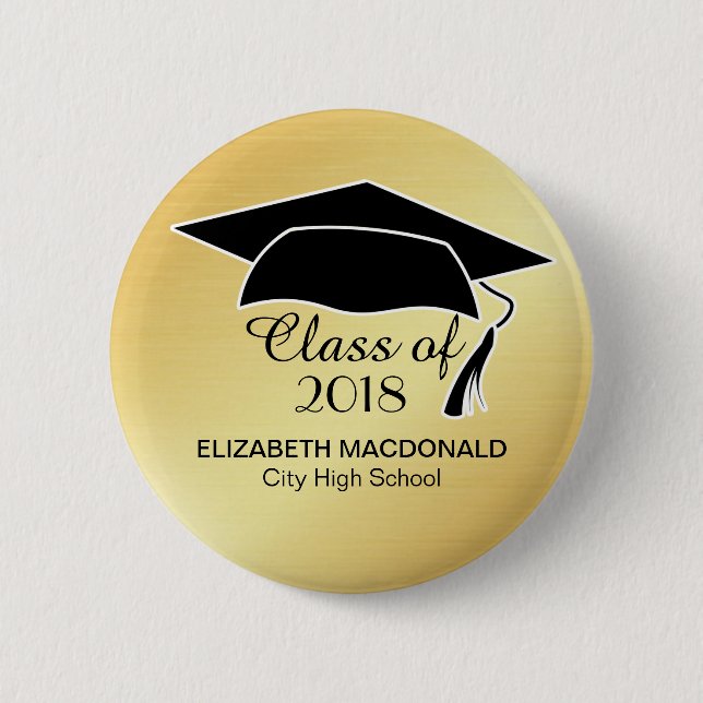 Gold Graduation Sticker Black Mortar Board & Text 2 Inch Round Button (Front)