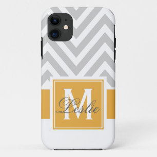 GOLD, GRAY CHEVRON PATTERN PERSONALIZED iPhone 11 CASE