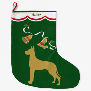 Gold Great Dane Holiday Bells Large Christmas Stocking