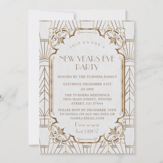 Gold Great Gatsby White 1920s New Year Party Invitation (Front)