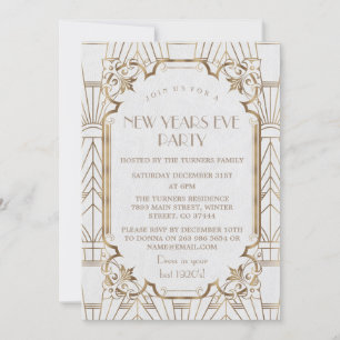 Gold Great Gatsby White 1920s New Year Party Invitation