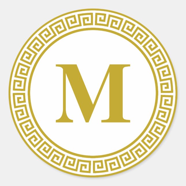 Gold Greek Key Border Monogram Stationery Classic Round Sticker (Front)