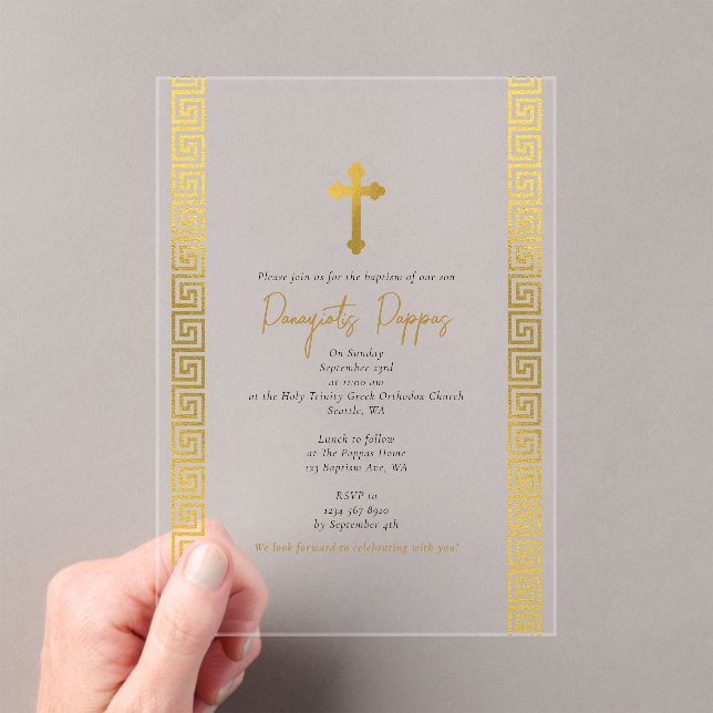 Gold Greek Key Orthodox Christening Baptism Acrylic Invitations (Insitu (Handheld))