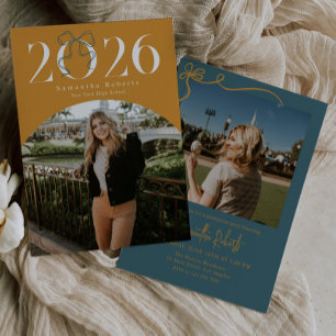 Gold Green 2026 Coquette Bow Photo Graduation Invitation