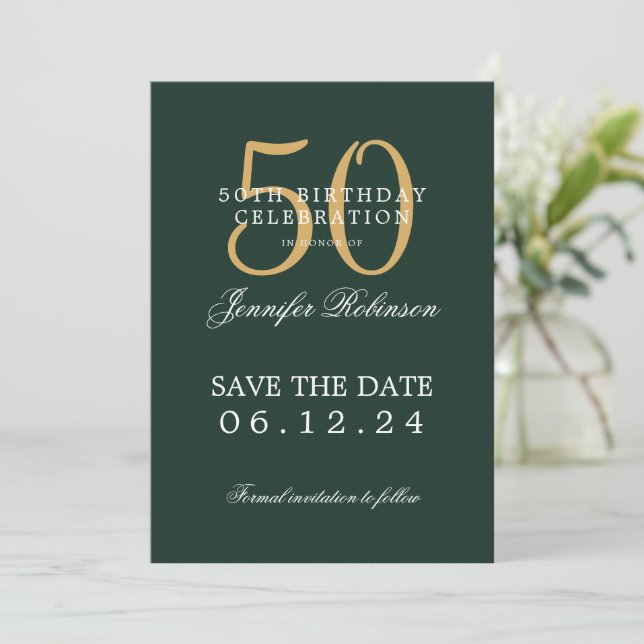 Gold Green 50th Birthday Party Save the Date  Invitation (Standing Front)