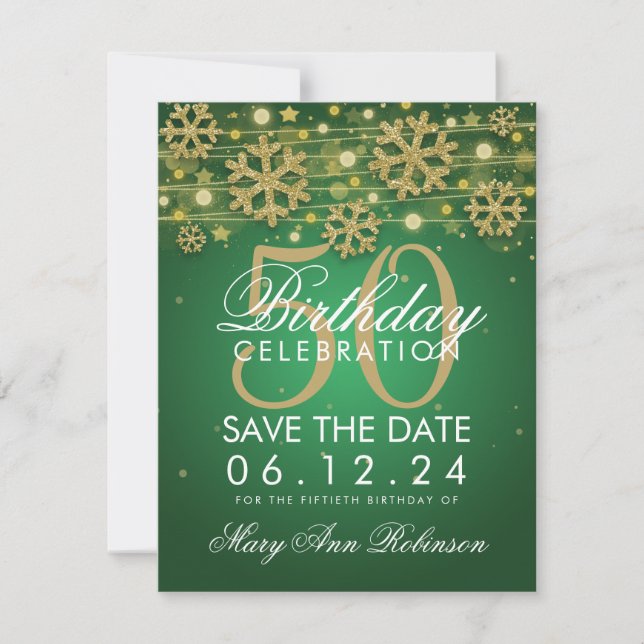 Gold Green 50th Birthday Save Date Winter Save The Date (Front)