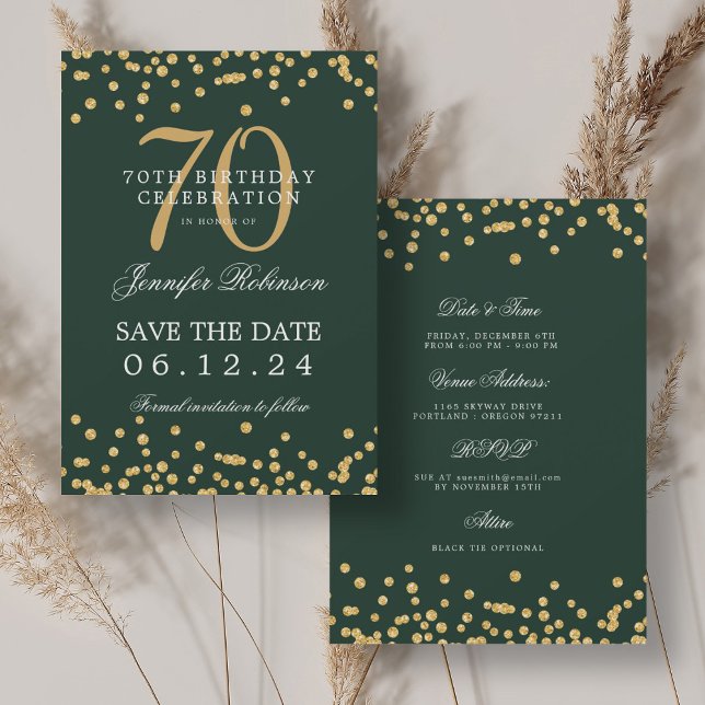 Gold Green 70th Birthday Save the Date Details Invitation (Gold Green 70th Birthday Save the Date Details Invitation)