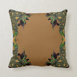 Gold Green Abstract Feathery Throw Pillow