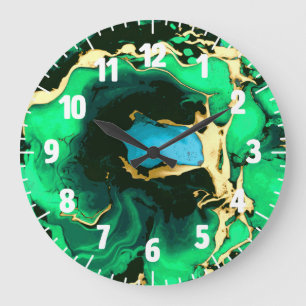 Gold green and black Marble acrylic paint art Large Clock