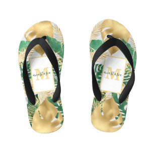 Gold Green Big Tropical Leaves Pair of Flip Flops