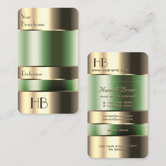 Gold Green Bin Faux Engraving Font with Initials Business Card (Front/Back)