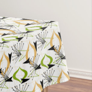 Gold, Green, Black on White Atomic Fifties Retro Tablecloth