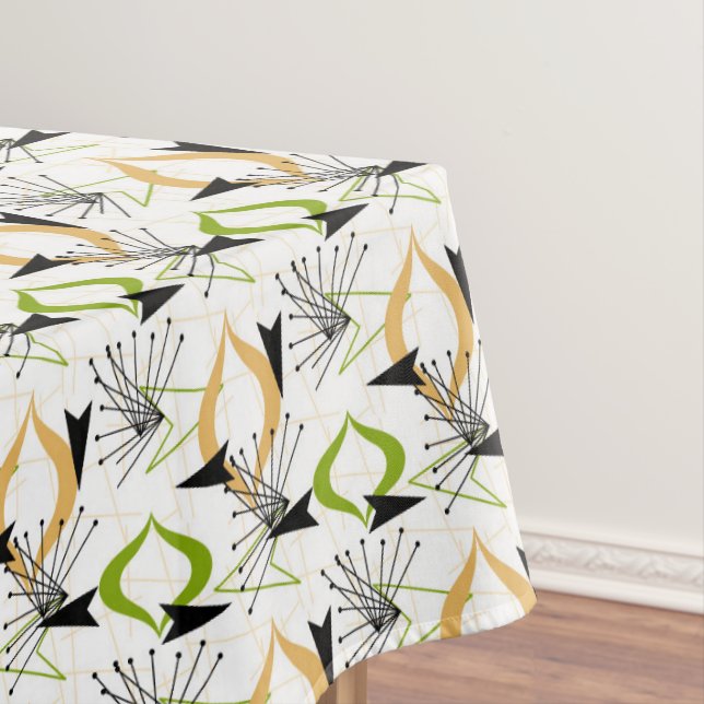 Gold, Green, Black on White Atomic Fifties | Retro Tablecloth (In Situ)