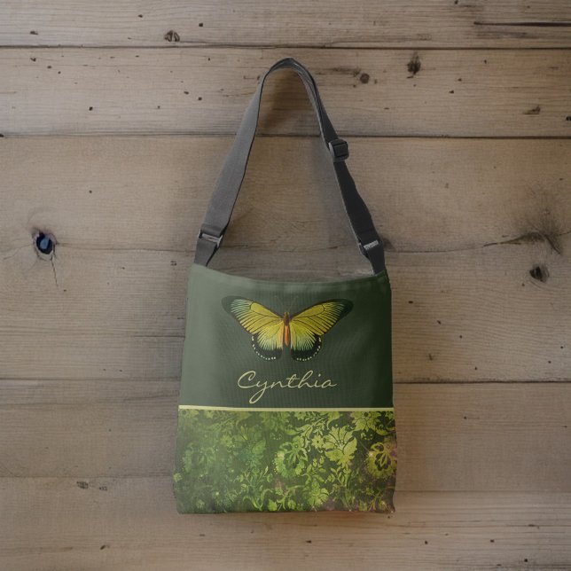 Gold Green Butterfly with Boho Foliage Monogram Crossbody Bag (Creator Uploaded)