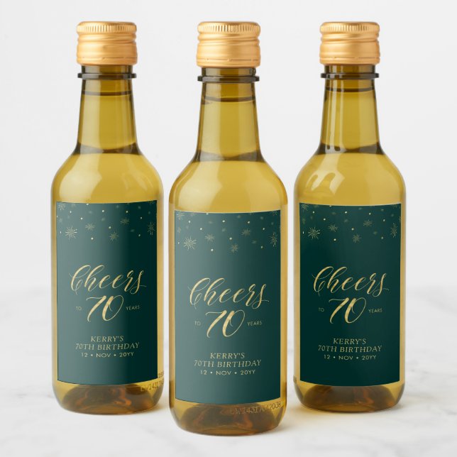 Gold & Green Cheers 70 years, 70th Birthday Party Wine Label (Bottles)
