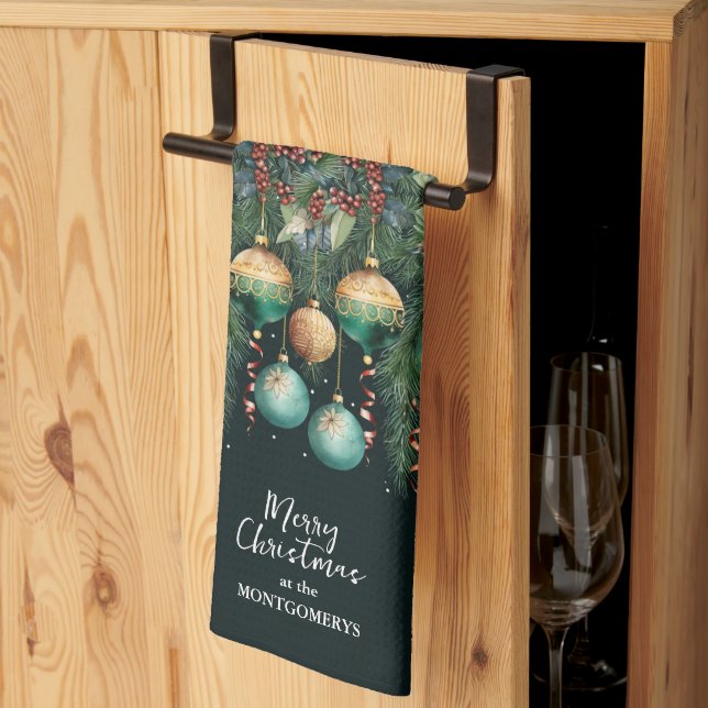 Gold Green Christmas Ornaments Kitchen Towel (Thirds Fold)