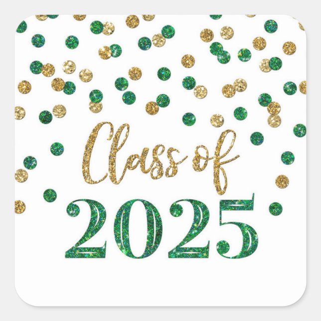 Gold Green Confetti Graduation 2025 Square Sticker (Front)