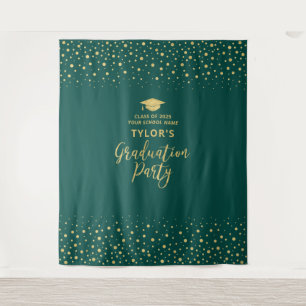Gold & Green Confetti Graduation Party Backdrop Tapestry