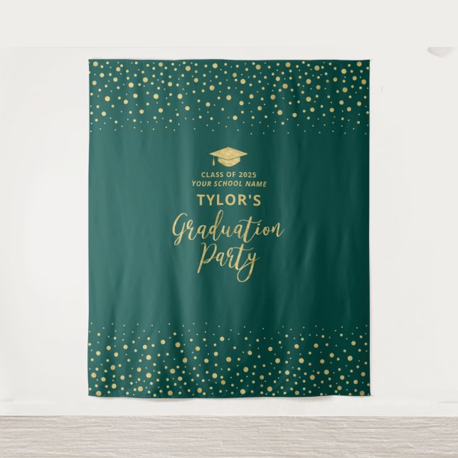 Gold & Green Confetti | Graduation Party Backdrop Tapestry (Front)