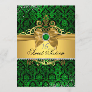 Gold Green Damask Sweet Sixteen Invite
