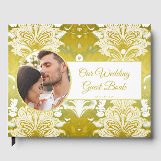 Gold Green Damask Wedding Guest Book