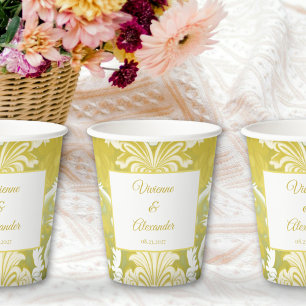 Gold Green Damask Wedding Paper Cups
