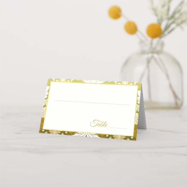 Gold Green Damask Wedding Place Card (Front)
