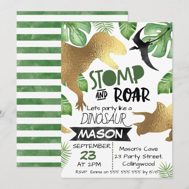 Gold Green Dinosaur Birthday invitation (Front/Back)