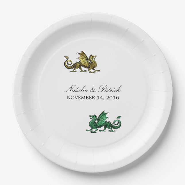 Gold Green Dragon Wedding Paper Plates (Front)