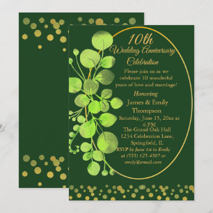  Gold & Green Eucalyptus 10th Wedding Anniversary Invitation