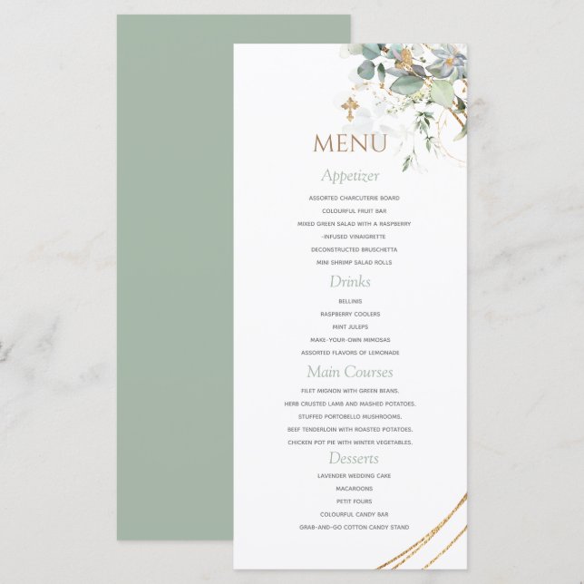 Gold Green Eucalyptus Boy Baptism Menu (Devant / Derrière)