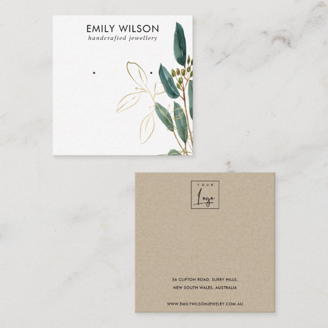 GOLD GREEN EUCALYPTUS FAUNA EARRING STUD DISPLAY B SQUARE BUSINESS CARD (Front/Back)