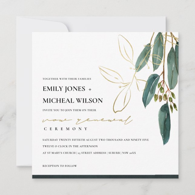 GOLD GREEN EUCALYPTUS FOLIAGE VOW RENEWAL INVITE (Front)
