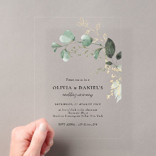Gold & Green Eucalyptus Minimalist Wedding Acrylic Invitations
