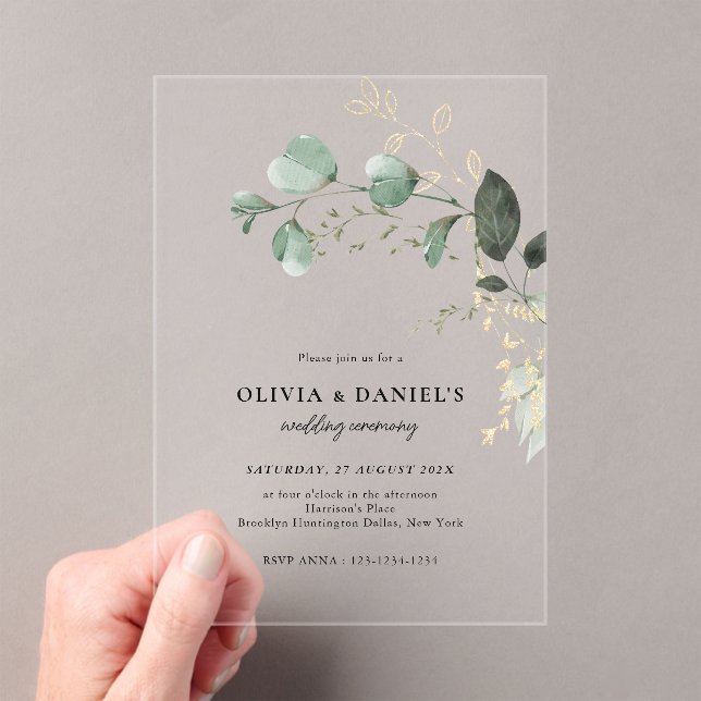 Gold & Green Eucalyptus Minimalist Wedding Acrylic Invitations (Insitu (Handheld))