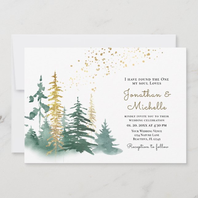 Gold Green Evergreen Pine Trees Christian Wedding Invitation (Front)