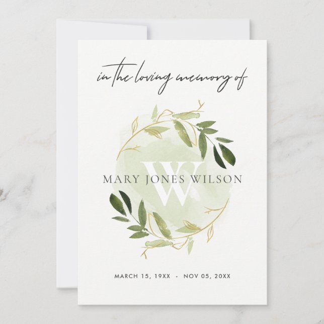 GOLD GREEN FAUNA SYMPATHY MEMORIAL SERVICE INVITE (Front)