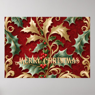Gold Green Feuille Red Christmas Holiday Poster
