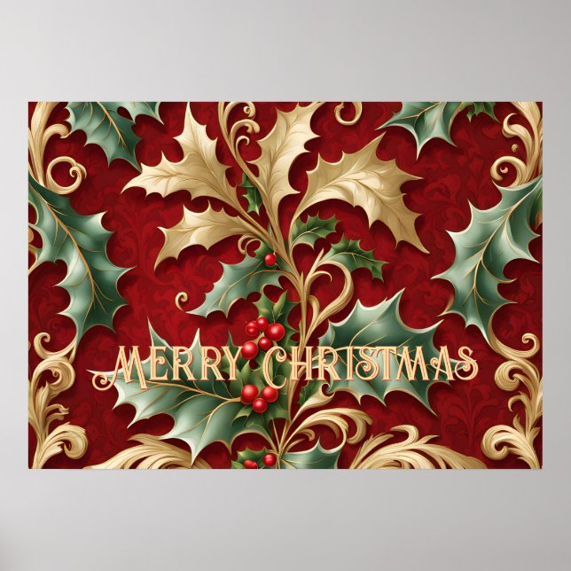 Gold Green Feuille Red Christmas Holiday Poster (Devant)