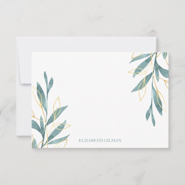 Gold Green Floral Personalized Stationery Thank You Card (Front)
