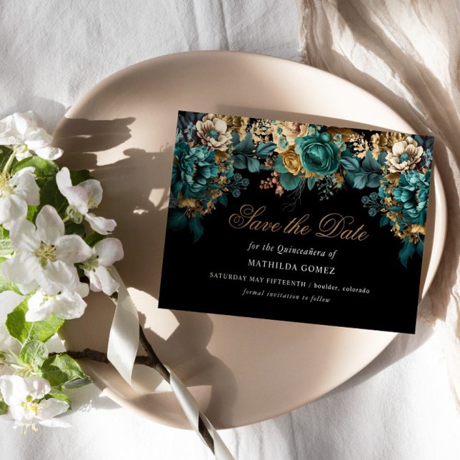 Gold Green Floral Quinceañera Save The Date  Invitation (Creator Uploaded)