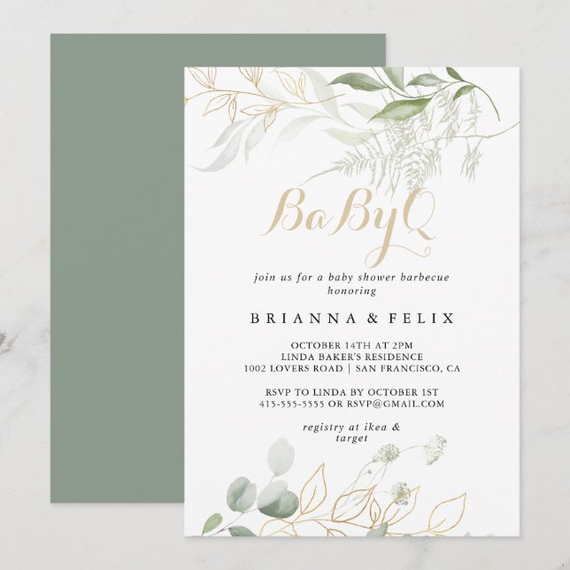 Gold Green Foliage BabyQ Baby Shower Barbecue Invitation (Front/Back)
