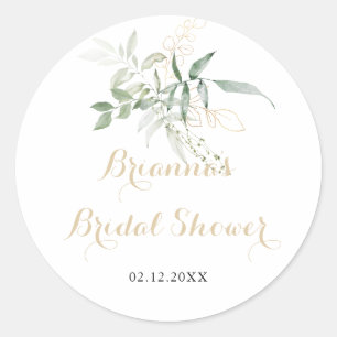 Gold Green Foliage Bridal Shower Favour  Classic Round Sticker