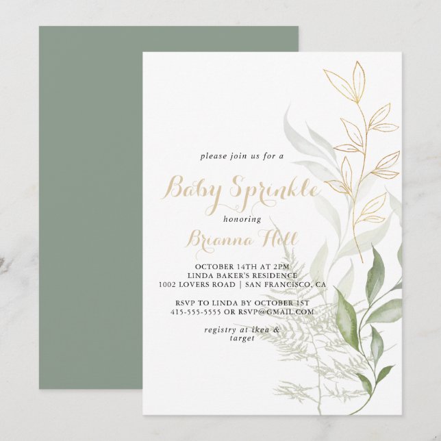 Gold Green Foliage Calligraphy Baby Sprinkle  Invitation (Front/Back)