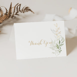Gold Green Foliage Calligraphy Folded Wedding Thank You Card