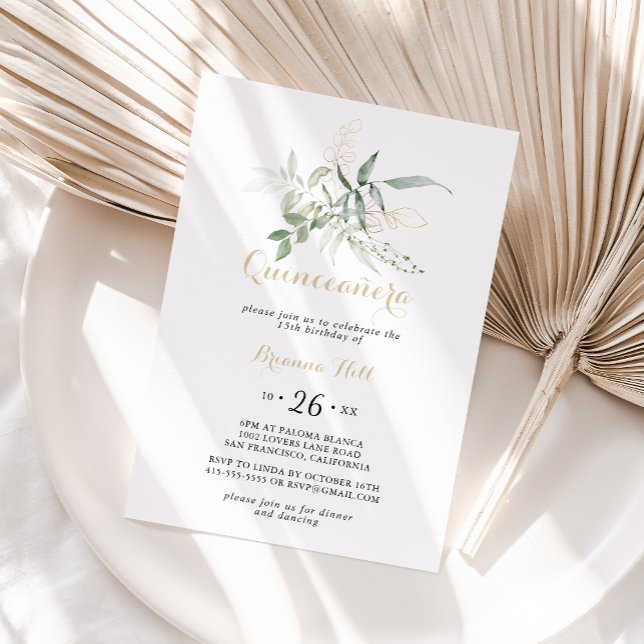 Gold Green Foliage Calligraphy Quinceañera  Invitation (Creator Uploaded)