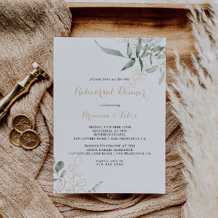 Gold Green Foliage Calligraphy Rehearsal Dinner Invitation