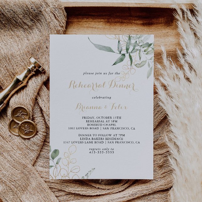 Gold Green Foliage Calligraphy Rehearsal Dinner  Invitation (Creator Uploaded)