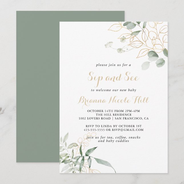 Gold Green Foliage Calligraphy Sip and See  Invitation (Front/Back)