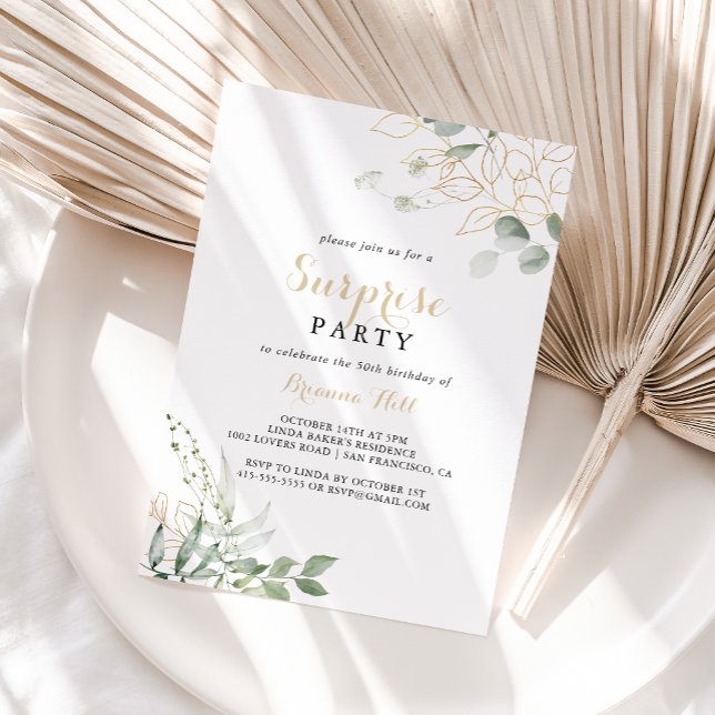 Gold Green Foliage Calligraphy Surprise Party  Invitation (Creator Uploaded)